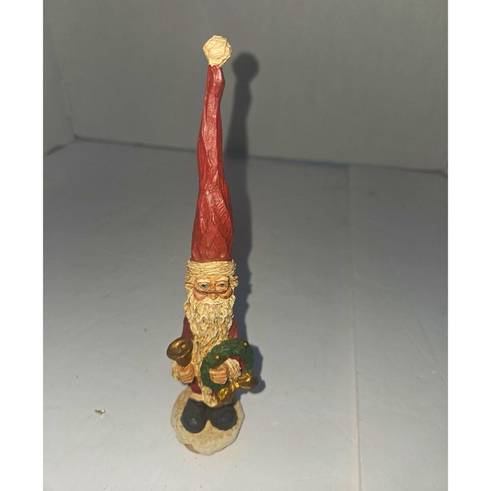 Painted Wooden Santa Claus Christmas Figurine w/ Tall Red Hat, Multicolor